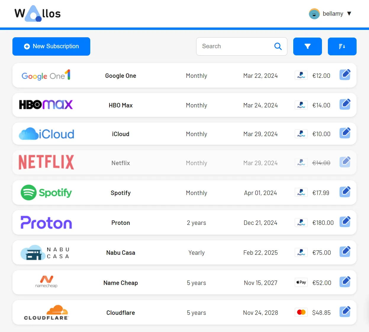 Wallos subscription list view